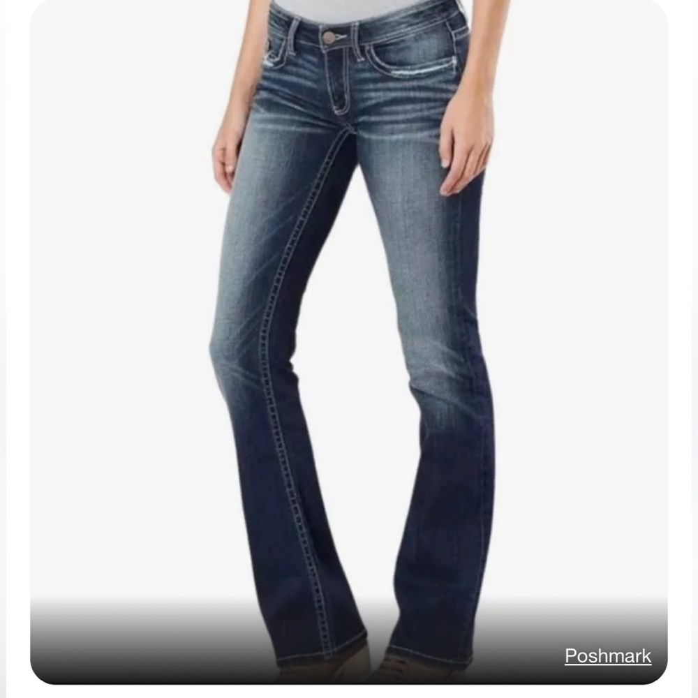 BKE Stella Slim Boot Low Rise Jeans Whiskers Fading Contrast Stitch HEMMED 29.5”